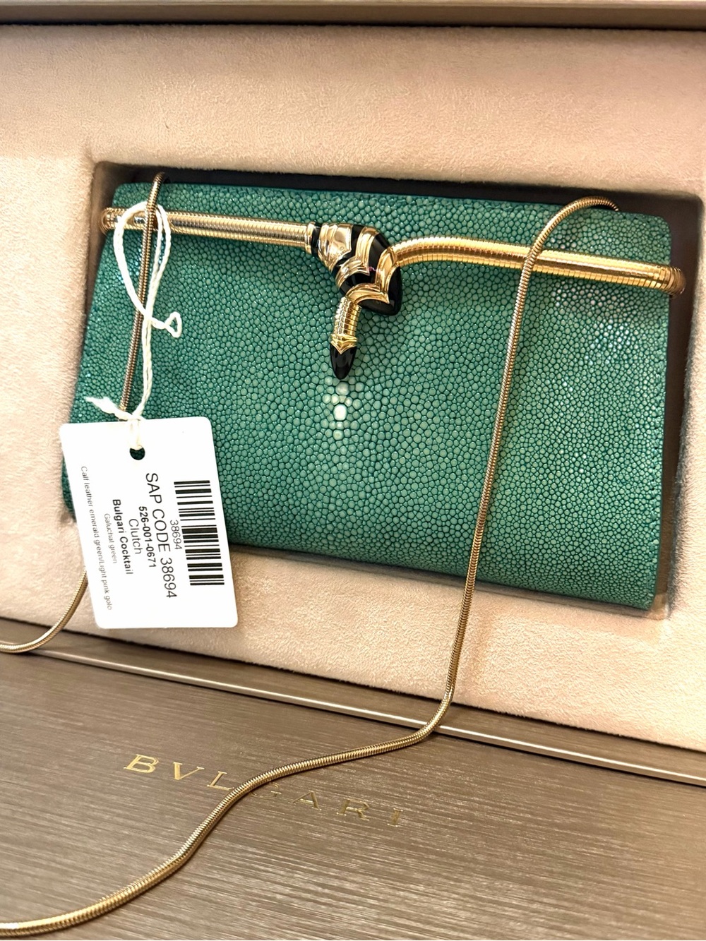 Bvlgari Serpenti "Tubogas" Stingray Green Convertible Clutch Bag